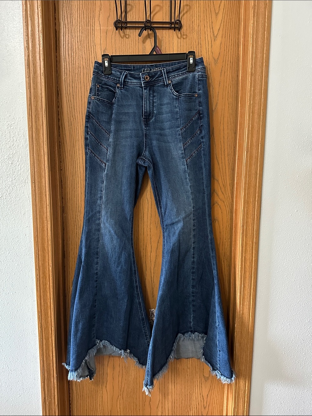 Grace in LA Indigo Flare Jeans with Raw Split Hem